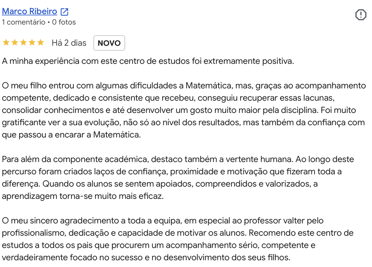Avaliacao Google 5 estrelas de um pai: o filho recuperou dificuldades e ganhou confianca na matematica com o Valter.